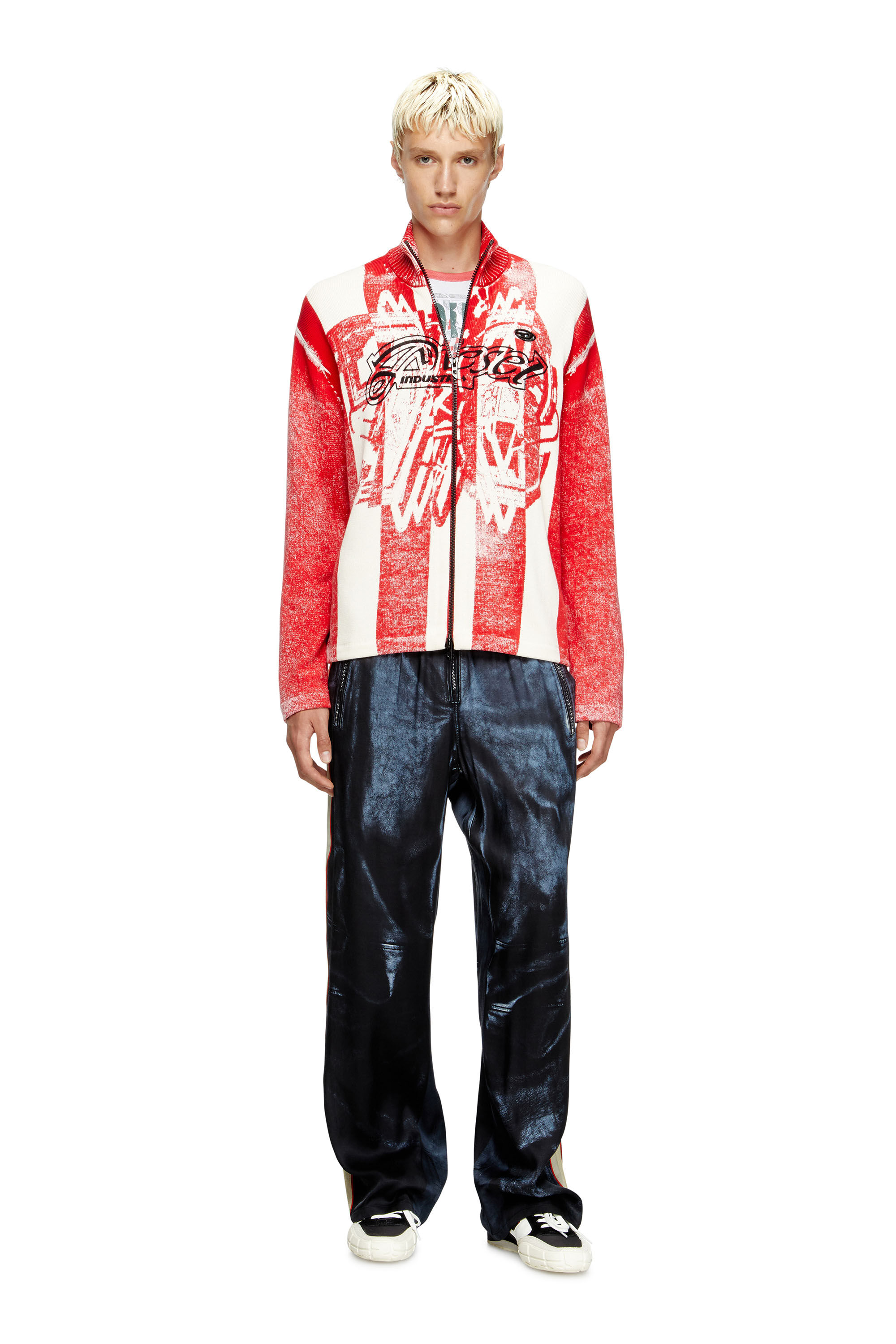 Diesel - K-OLIBA-JKT, Man's Inside-print striped zipped cardigan in Red/White - 1