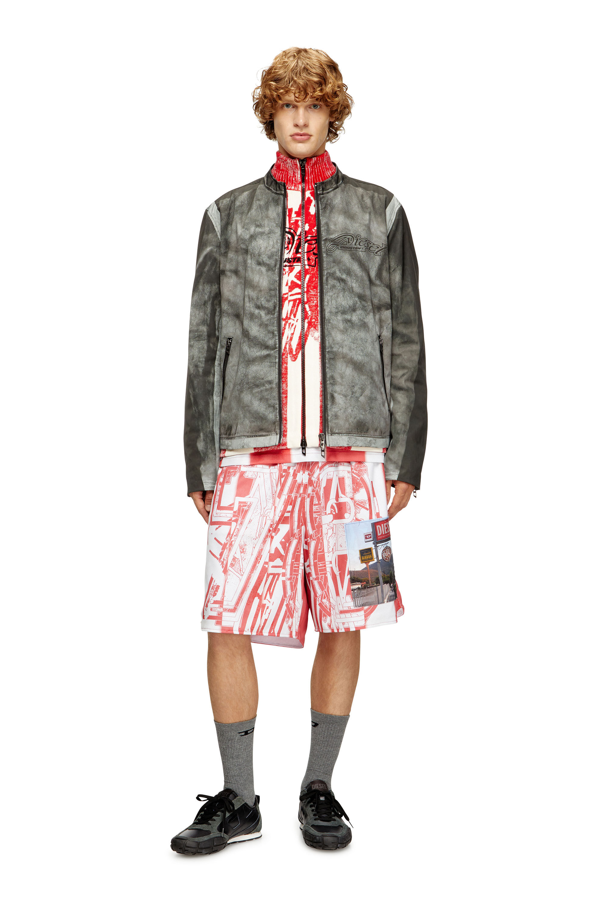 Diesel - P-KURT, Man's Striped shorts with photo patches in Red/White - 1