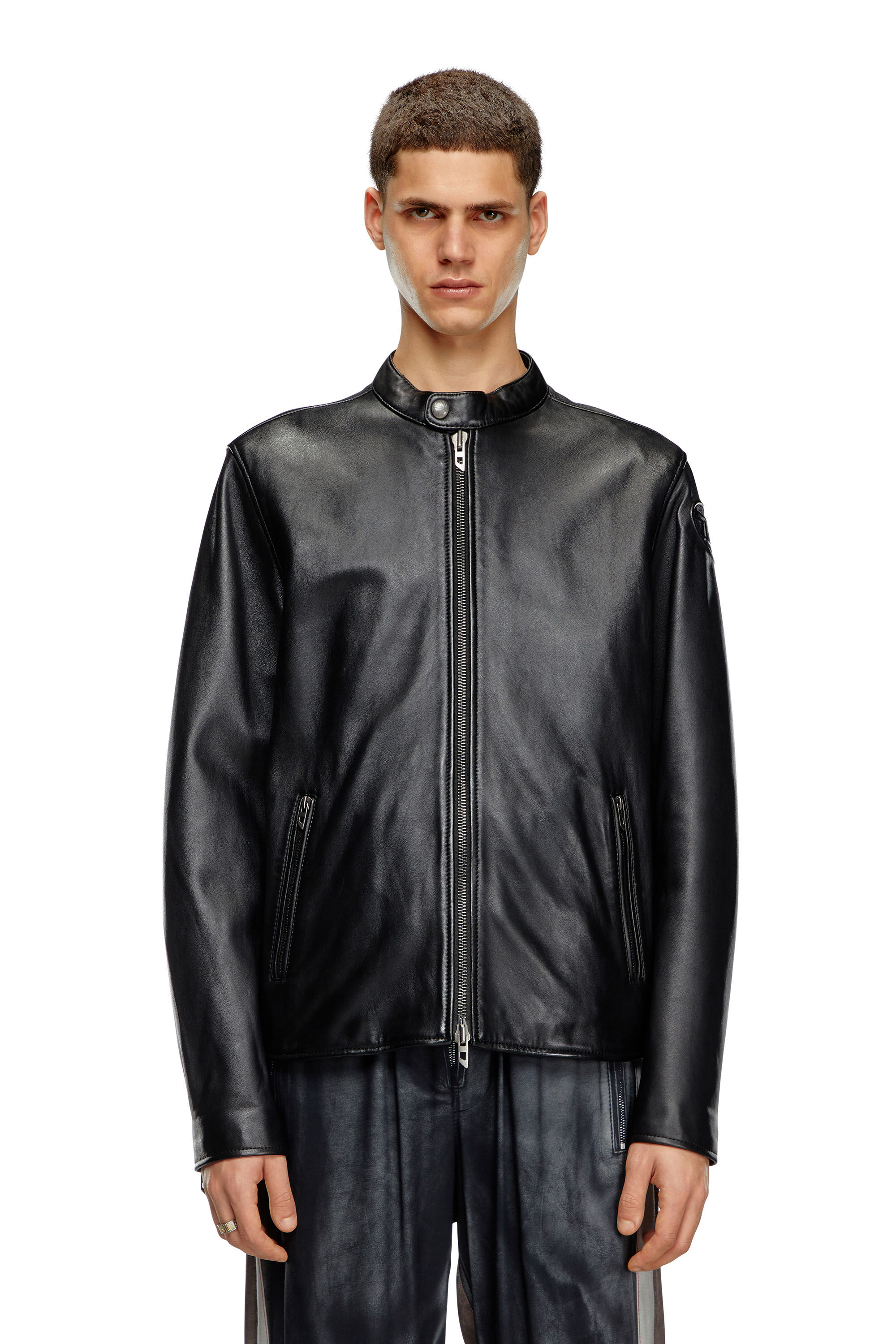 Diesel - L-CARVER, Man's Leather biker jacket with embossed logo in Black - 3