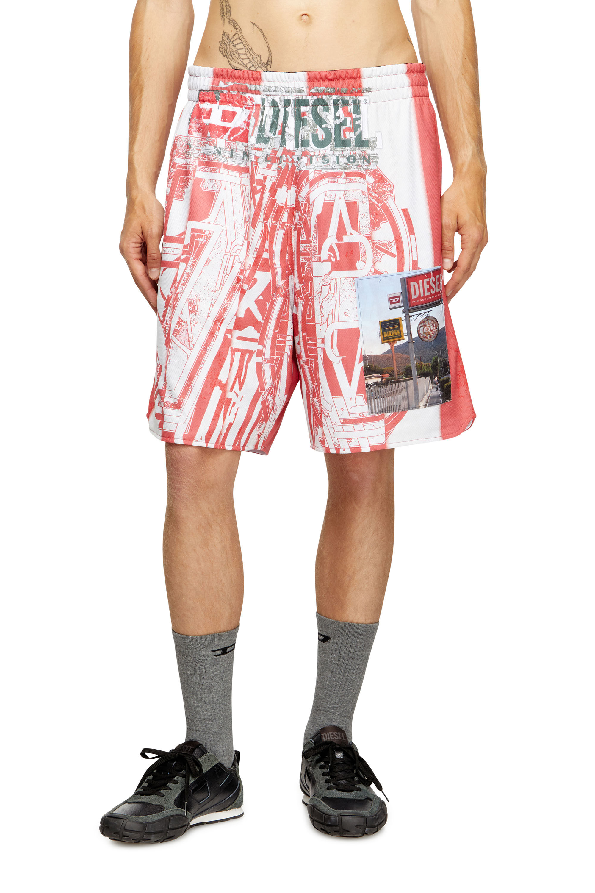 Diesel - P-KURT, Man's Striped shorts with photo patches in Red/White - 3