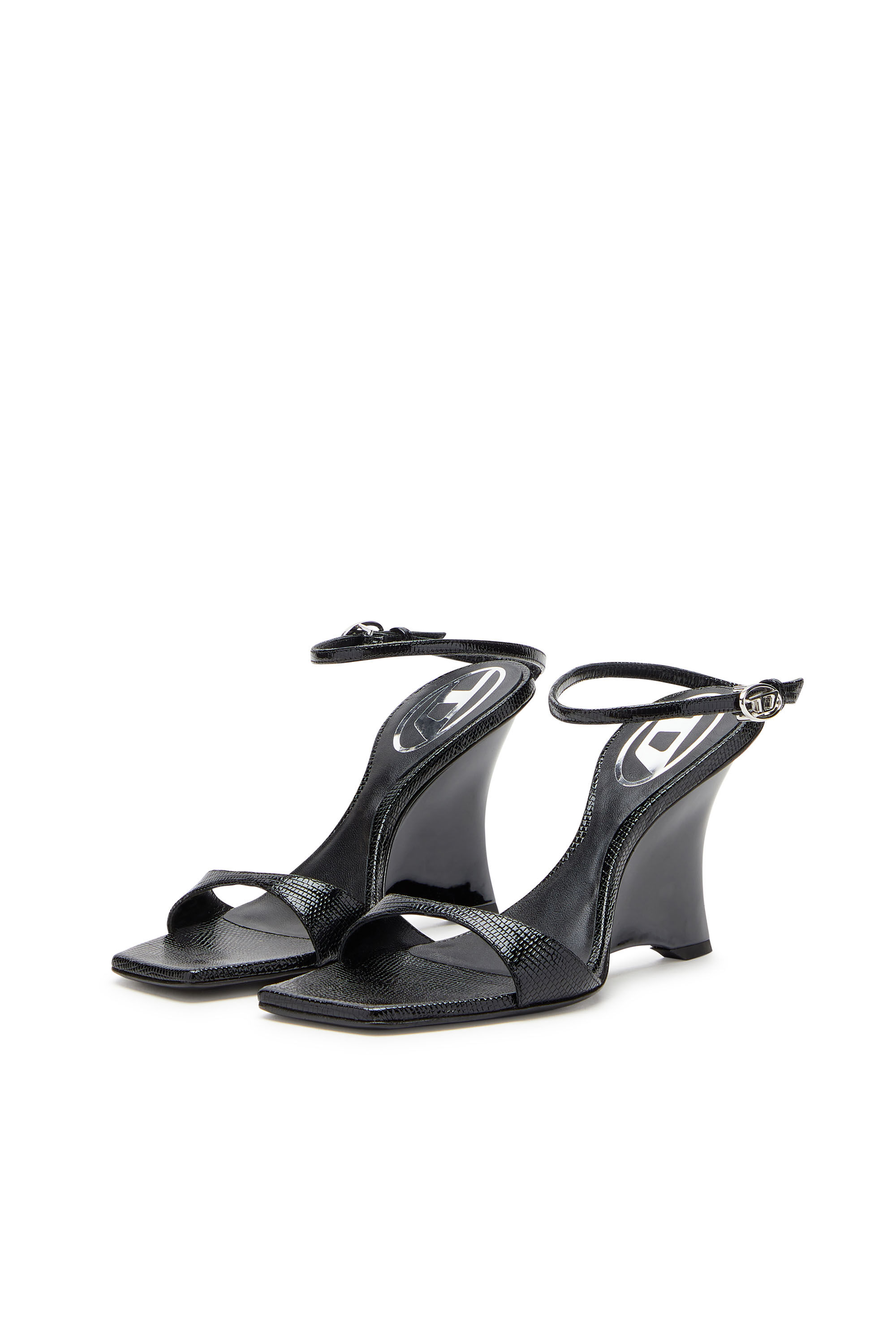 Diesel - D-AMBER SANDAL WEDGE, Woman's D-Amber-Wedge sandals in lizard-effect leather in Black - 7