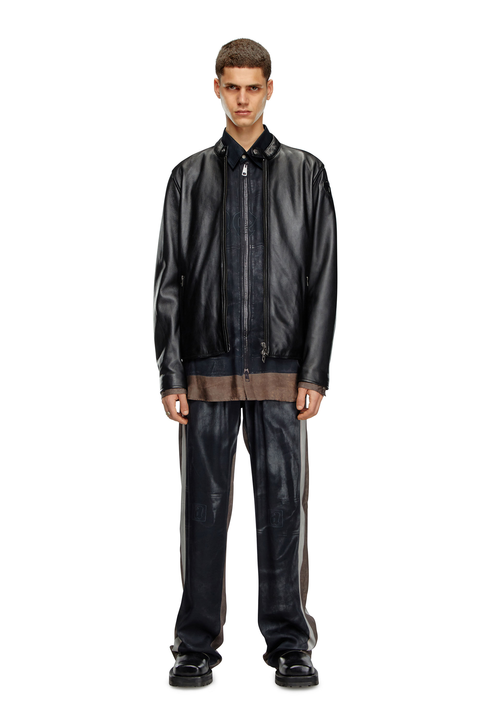 Diesel - L-CARVER, Man's Leather biker jacket with embossed logo in Black - 1