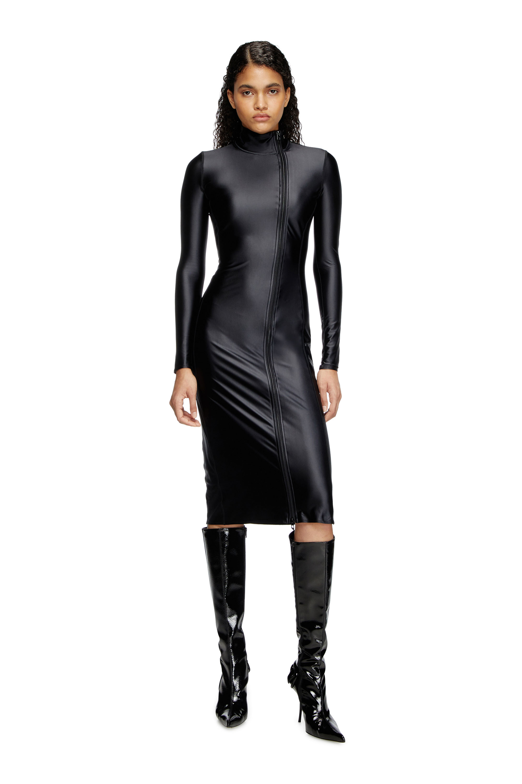Diesel - D-SILVER, Woman's Mock collar long-sleeve midi dress with chintz finish in Black - 2