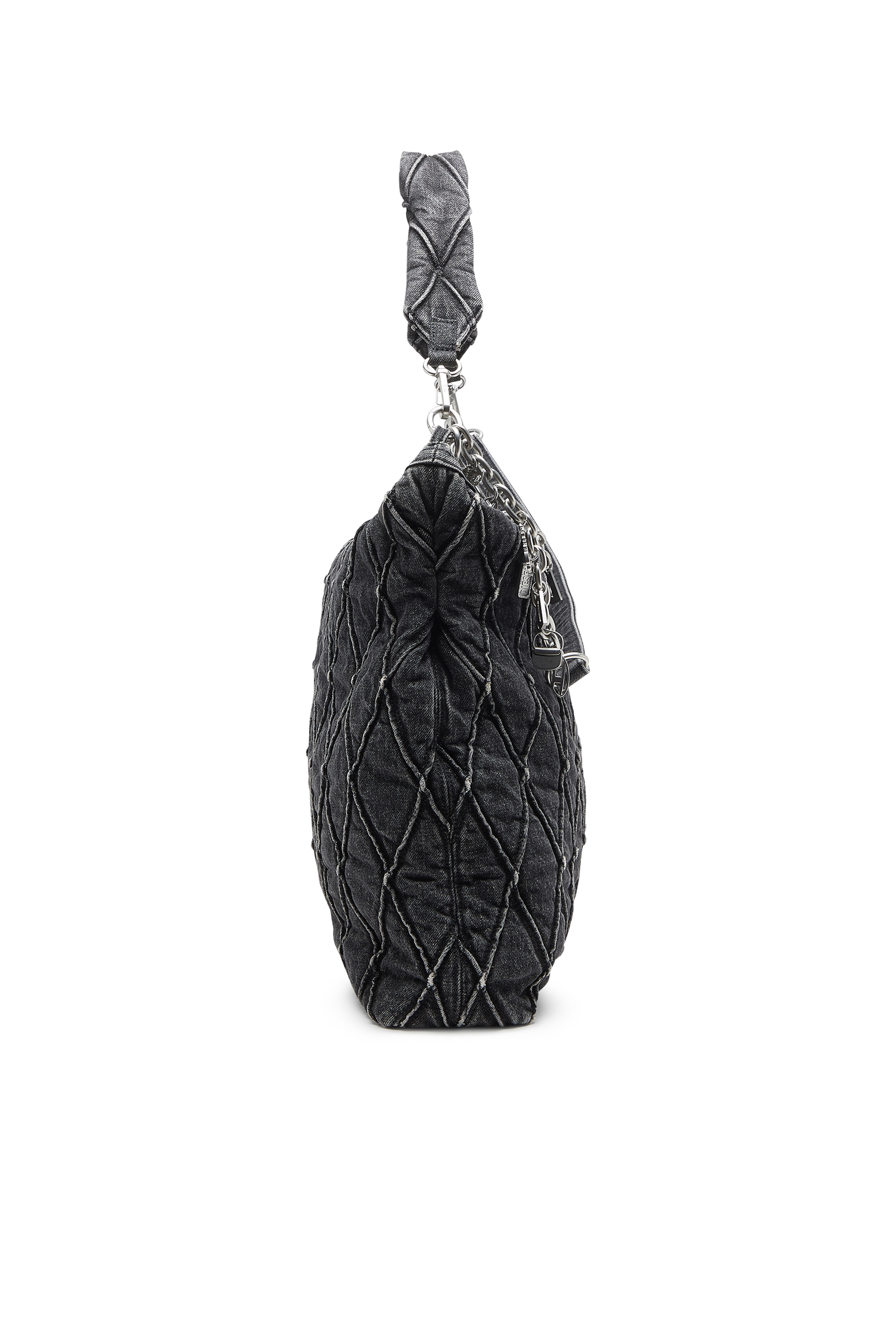 Diesel - HOSHI CHARM-D HOBO, Woman's Quilted-denim hobo bag with chain charms in Black - 3