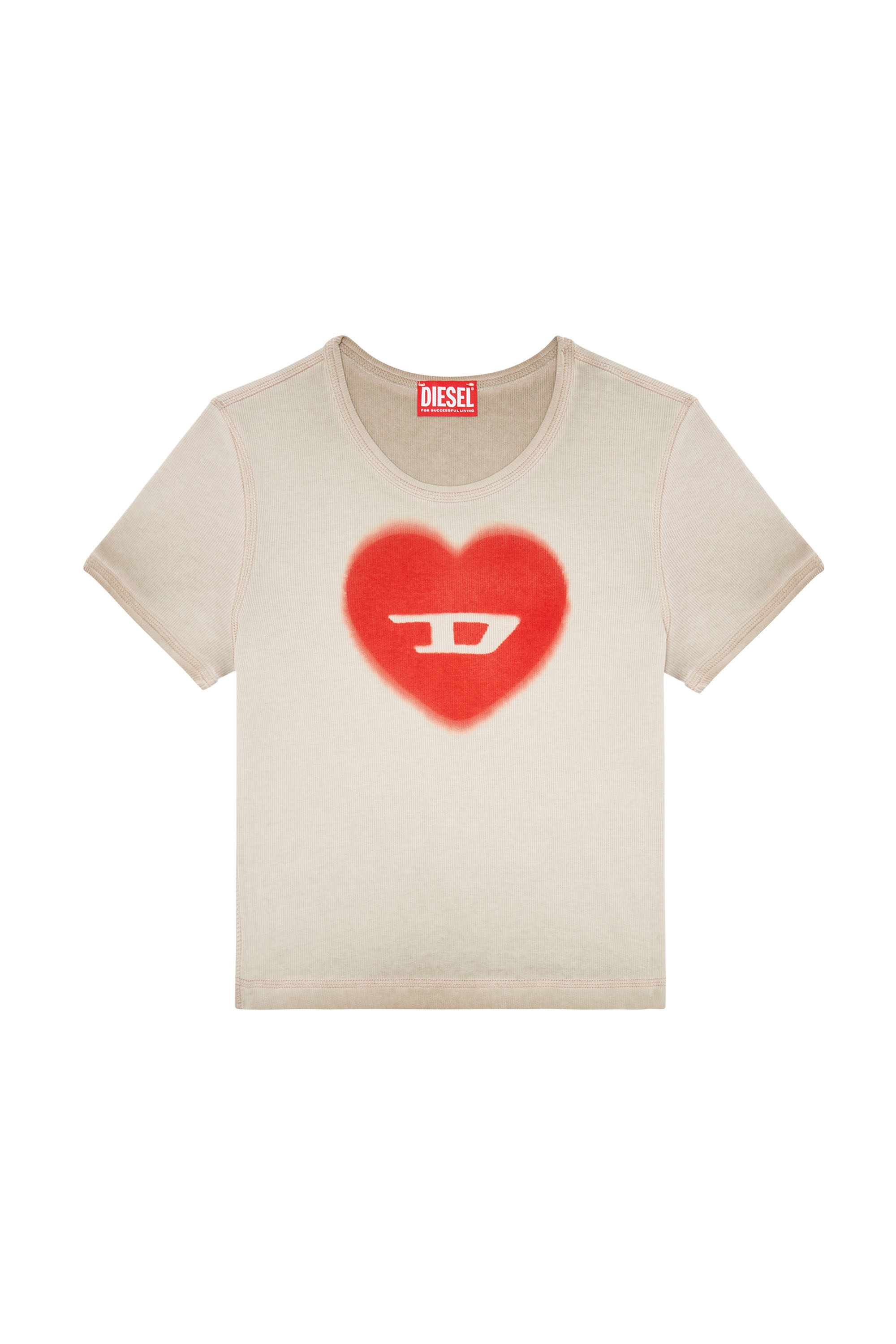 Diesel - T-ELE, Woman's Ribbed T-shirt with watercolour heart D in Beige - 3