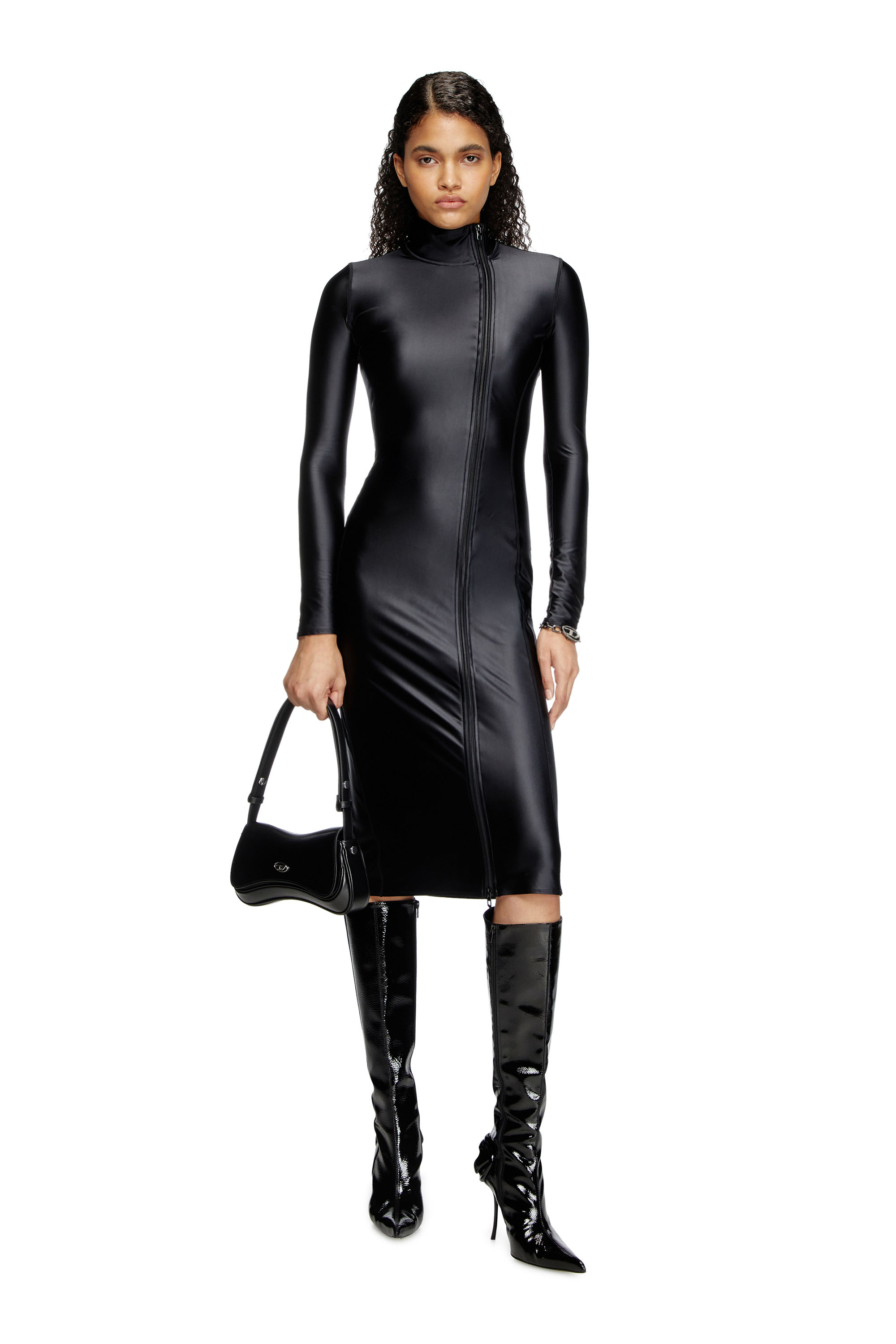 Diesel - D-SILVER, Woman's Mock collar long-sleeve midi dress with chintz finish in Black - 1