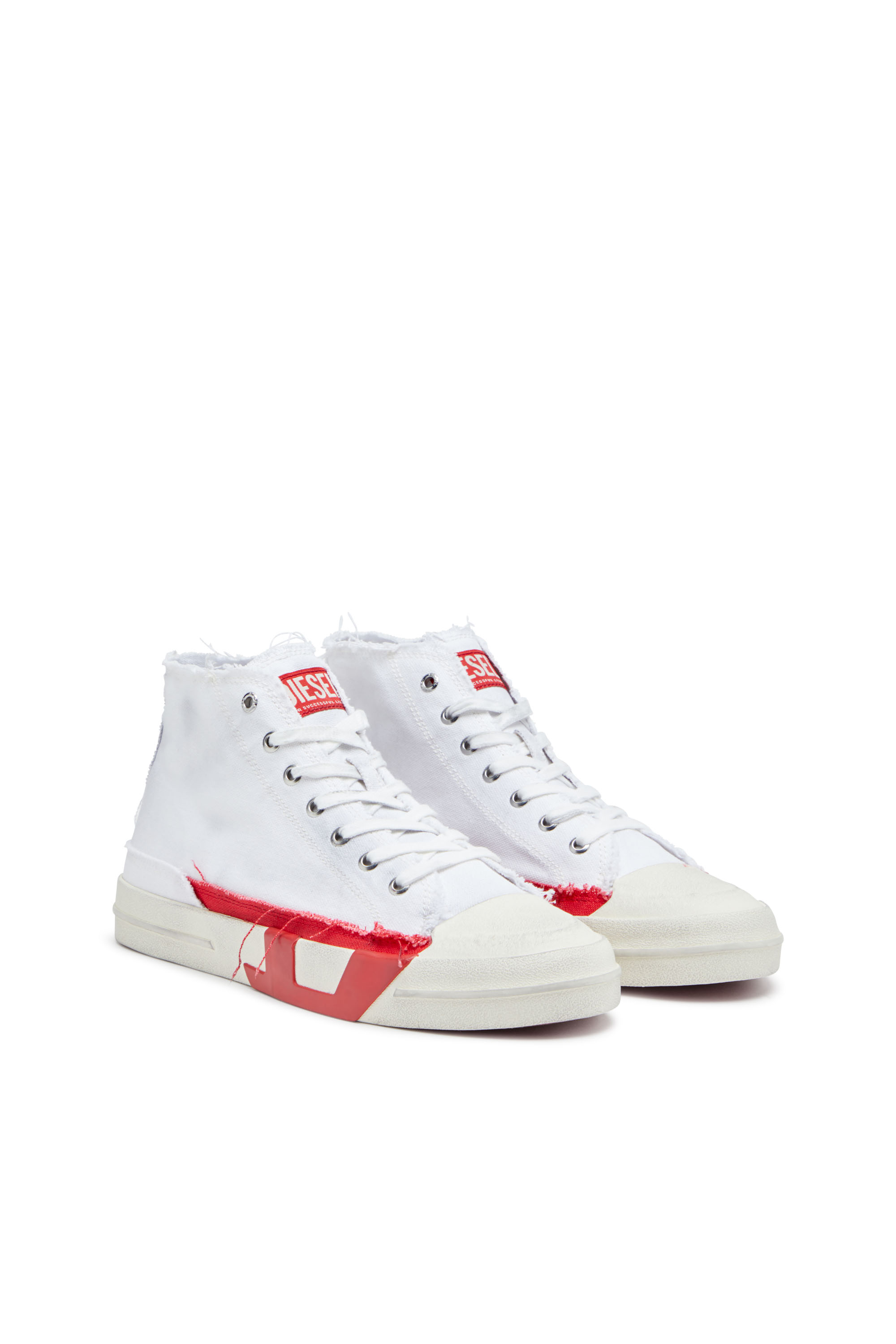 Diesel - S-D-VERSE MID, Man's S-D-Verse-Dirty-effect high-top canvas sneakers in White/Red - 3