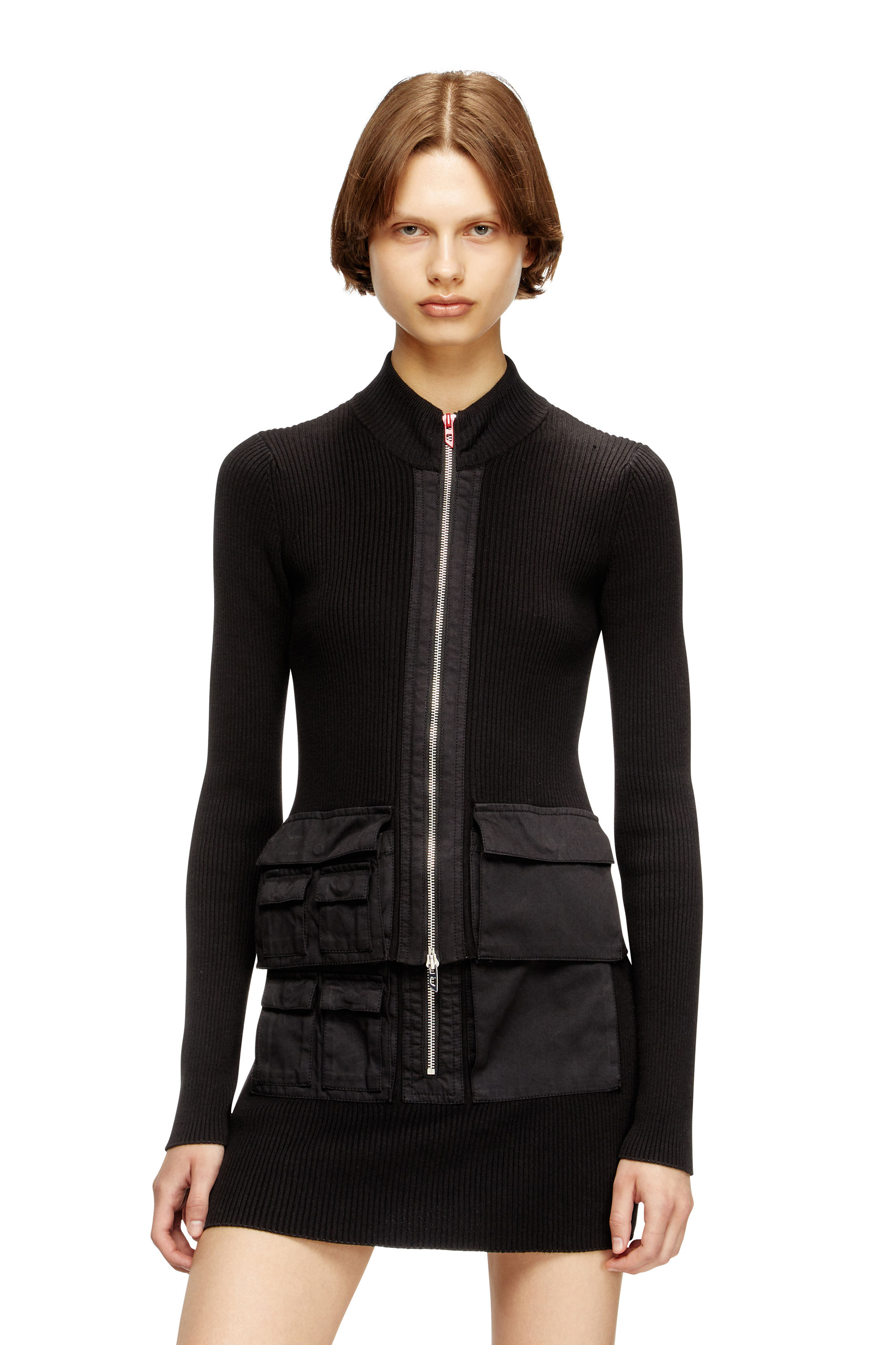 Diesel - M-MELISSA, Woman's Ribbed dress with cargo pockets in Black - 1