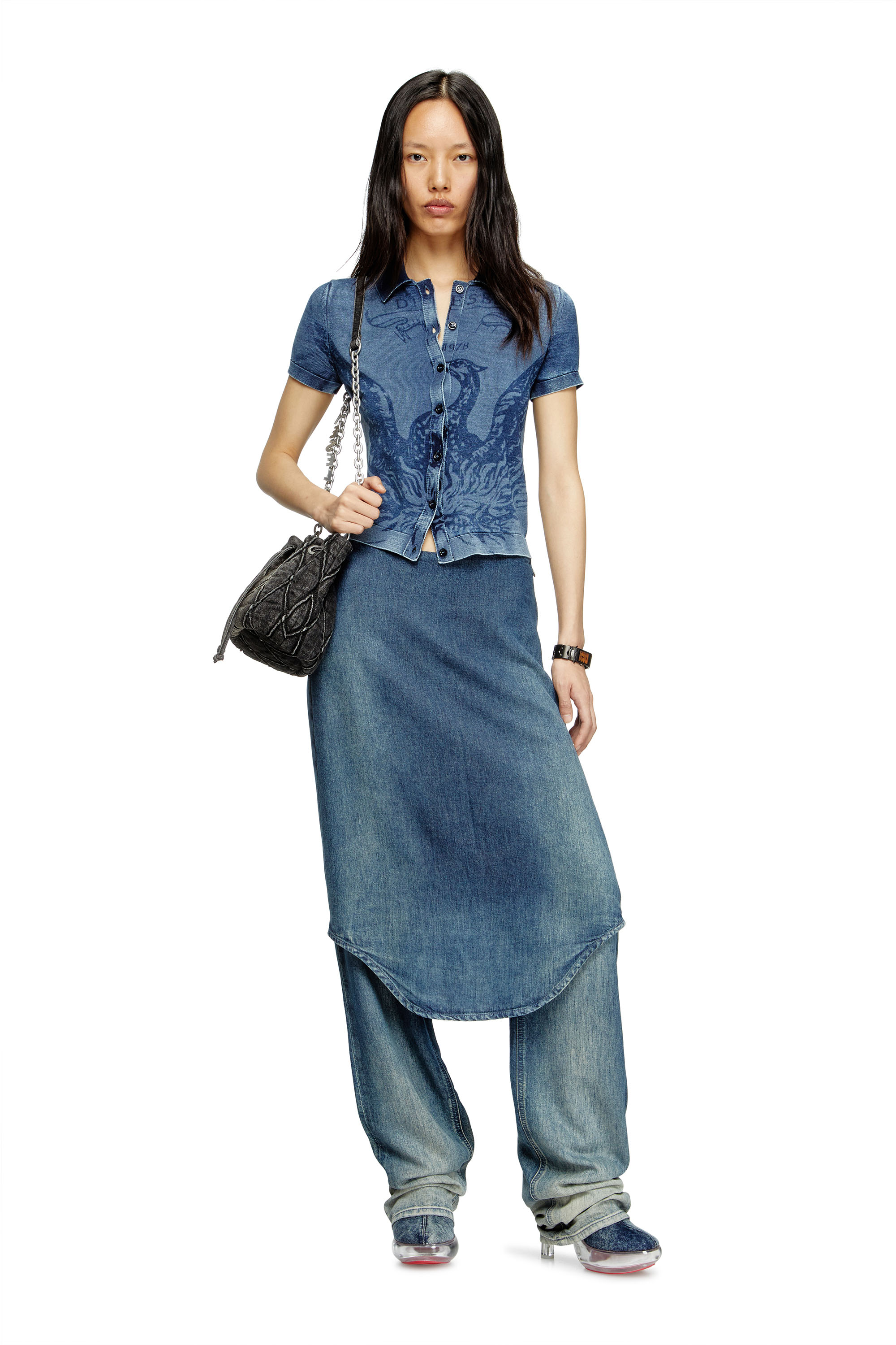 Diesel - M-FENNY, Woman's Indigo shirt-cardigan with Phoenix logo in Medium blue - 2