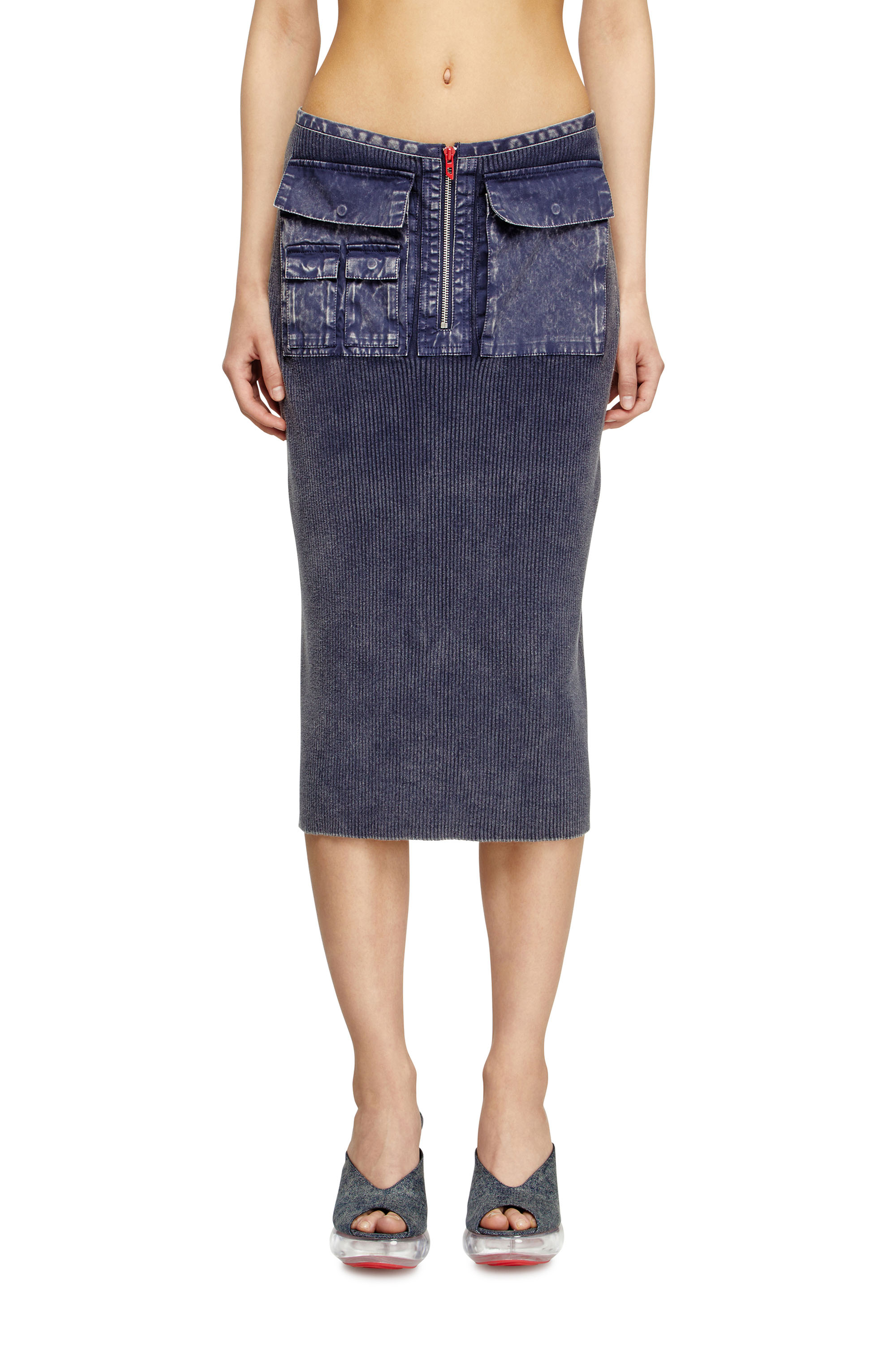 Diesel - M-MERYN, Woman's Knit midi skirt with denim cargo pockets in Blue - 1
